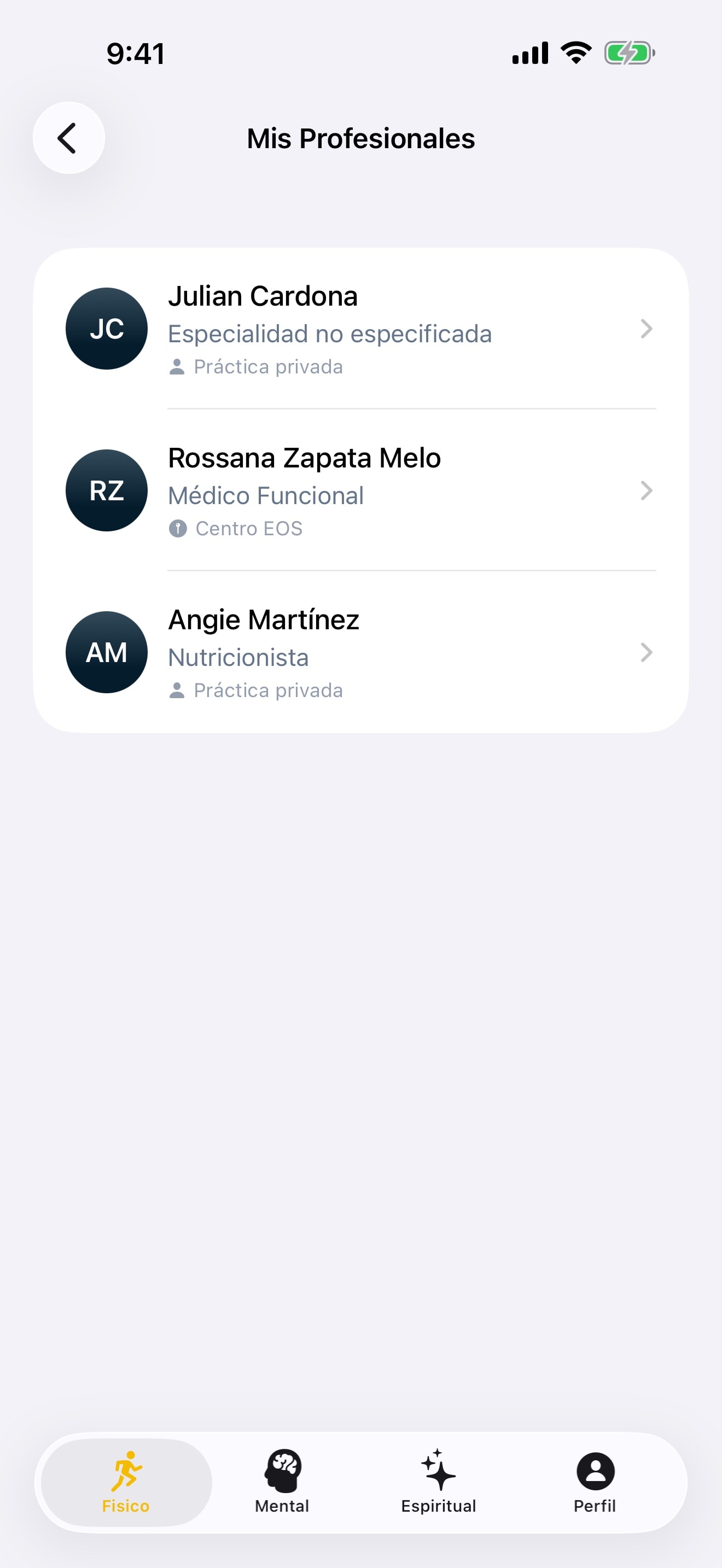Vista de profesionales en la app AURA360