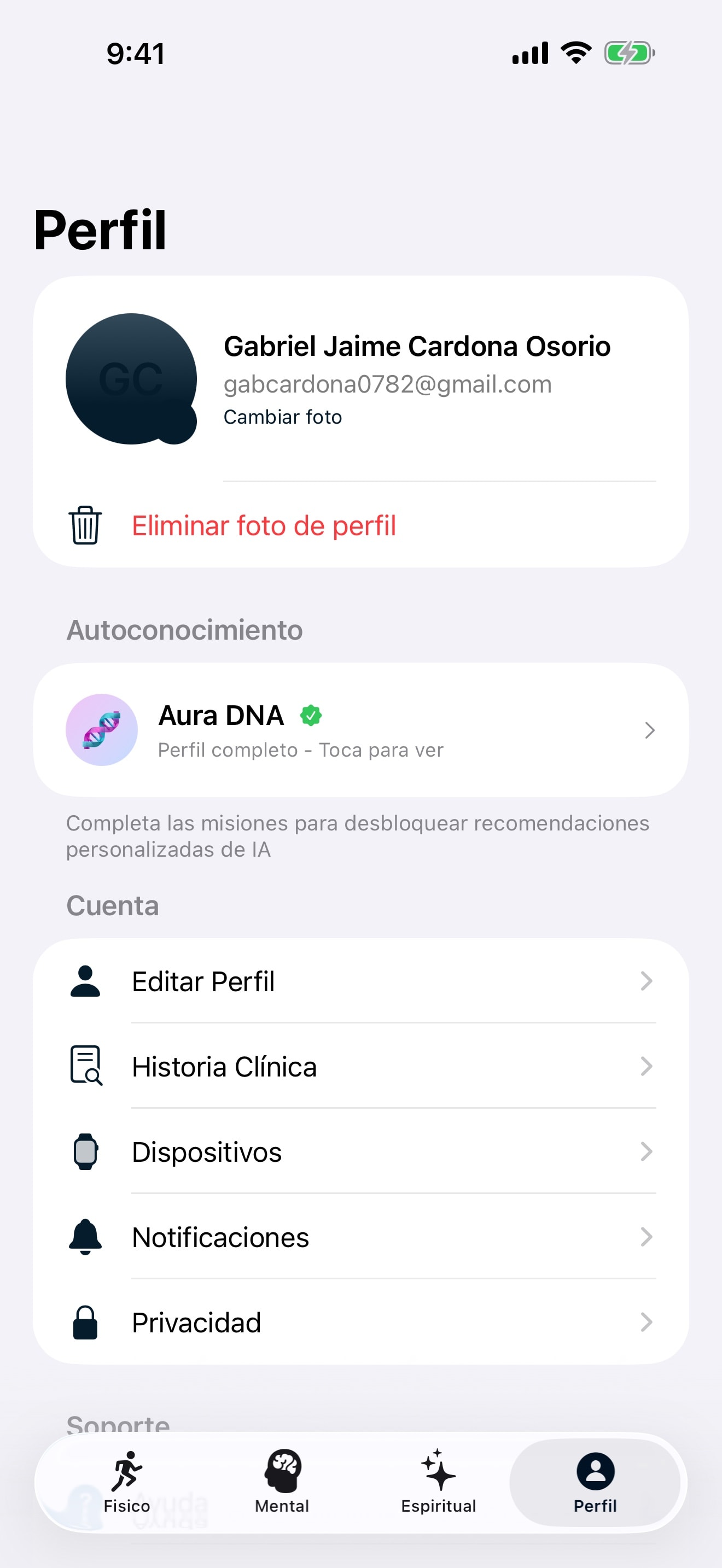 Perfil del usuario en AURA360